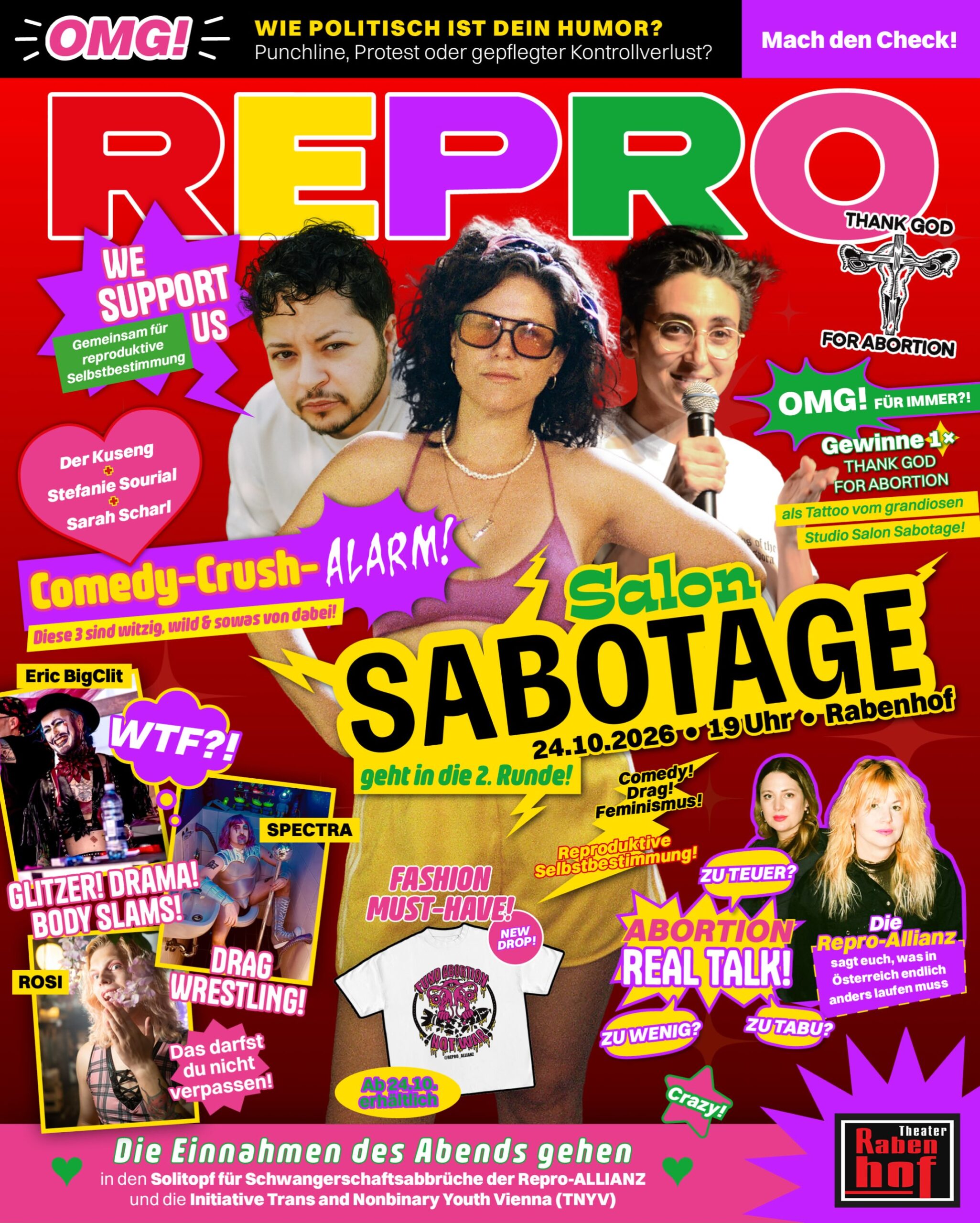 Three people against a red background with large, colorful texts and speech bubbles, including the font 'Salon Sabotage 24.10.2026 19.00 Rabenhof' and other buzzwords on comedy, reproduction and abortion.