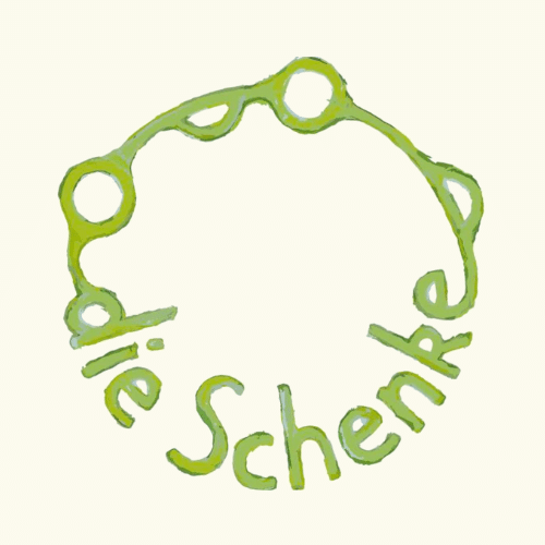 Grünes, handgezeichnetes Logo mit dem Schriftzug 'die Schenke', der sich halbkreisförmig um eine stilisierte Weinrebe mit Trauben windet.
