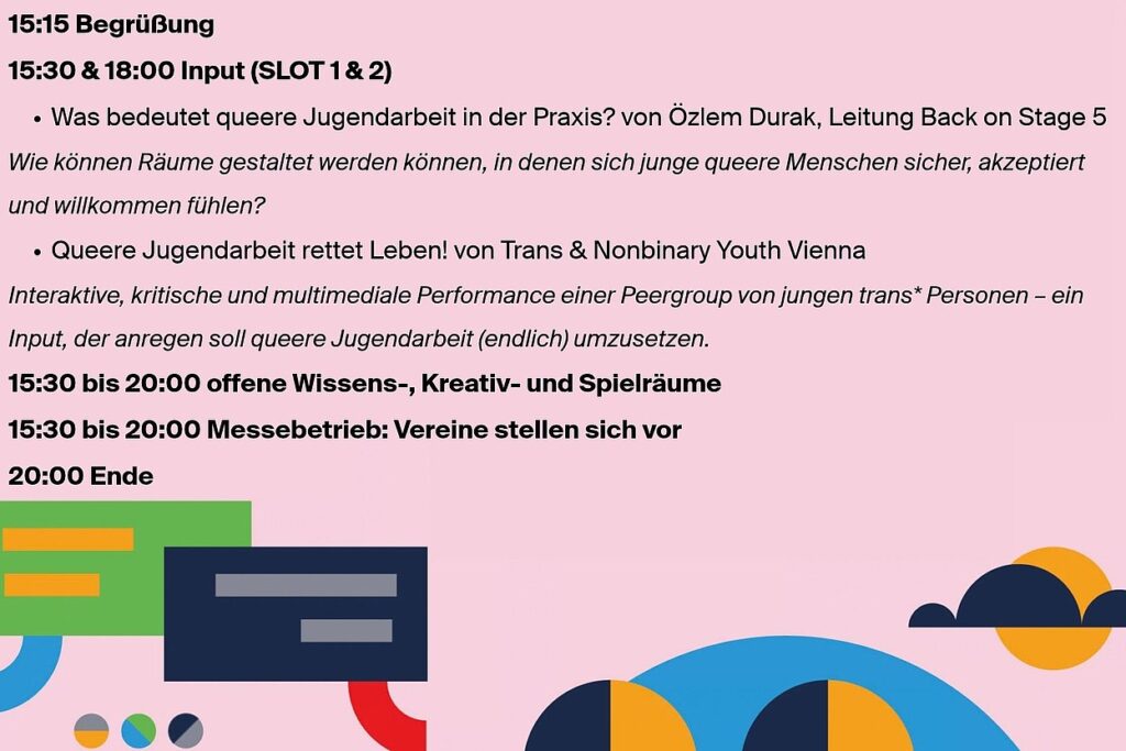 Programmübersicht für den Vernetzungstag der Wiener Jugendarbeit am 3. Dezember mit Zeiten und Aktivitäten auf rosa Hintergrund und stilisierten bunten Sprechblasen und einem lächelnden blauen Kreis mit gelben Halbkreisen als Augen