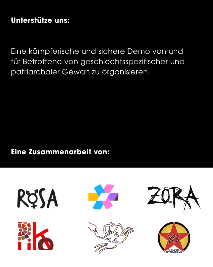 Seite eines Instagram Posts, Text-Inhalt: Unterstutze uns: Eine kämpferische und sichere Demo von und für Betroffene von geschlechtsspezifischer und patriarchaler Gewalt zu organisieren. Eine Zusammenarbeit von ROSA, TNYV, Zora, Piko, LOGO, Young Struggles