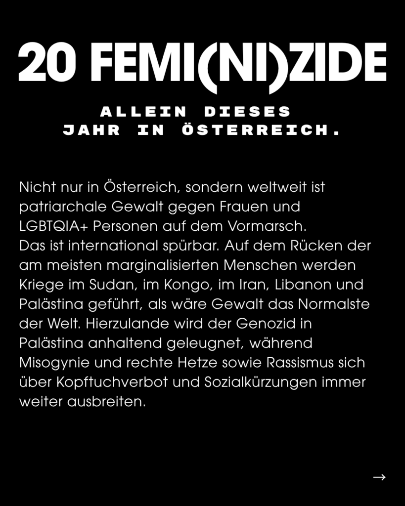 Seite eines Instagram Posts, Text-Inhalt: 20 FEMI(NI)ZIDE ALLEIN DIESES JAHR IN ÖSTERREICH. Nicht nur in Österreich, sondern weltweit ist patriarchale Gewalt gegen Frauen und LGBTQIA+ Personen auf dem Vormarsch. Das ist international spürbar. Auf dem Rücken der am meisten marginalisierten Menschen werden Kriege im Sudan, im Kongo, im Iran, Libanon und Palästina geführt, als wäre Gewalt das Normalste der Welt. Hierzulande wird der Genozid in Palästina anhaltend geleugnet, während Misogynie und rechte Hetze sowie Rassismus sich über Kopftuchverbot und Sozialkürzungen immer weiter ausbreiten.