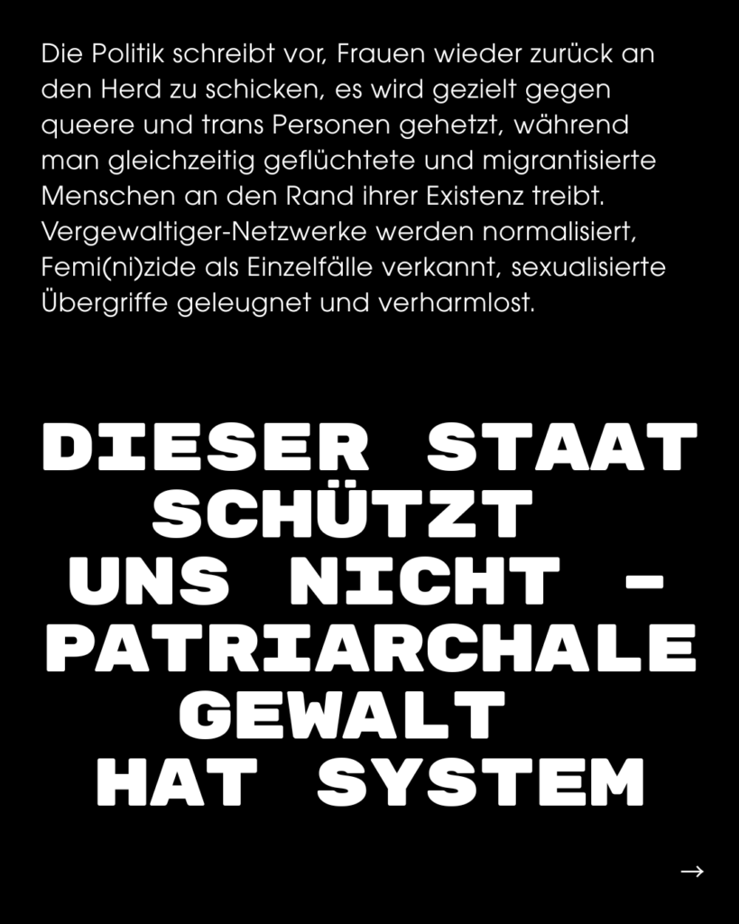 Seite eines Instagram Posts, Text-Inhalt: Die Politik schreibt vor, Frauen wieder zurück an den Herd zu schicken, es wird gezielt gegen queere und trans Personen gehetzt, während man gleichzeitig geflüchtete und migrantisierte Menschen an den Rand ihrer Existenz treibt. Vergewaltiger-Netzwerke werden normalisiert, Femi(ni)zide als Einzelfälle verkannt, sexualisierte Übergriffe geleugnet und verharmlost. DIESER STAAT SCHÜTZT UNS NICHT - PATRIARCHALE GEWALT HAT SYSTEM