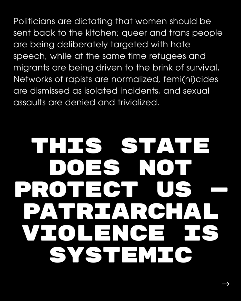 Slide Text: Politicians are dictating that women should be sent back to the kitchen; queer and trans people are being deliberately targeted with hate speech, while at the same time refugees and migrants are being driven to the brink of survival. Networks of rapists are normalized, femi(ni)cides are dismissed as isolated incidents, and sexual assaults are denied and trivialized. THIS STATE DOES NOT PROTECT US - PATRIARCHAL VIOLENCE IS SYSTEMIC