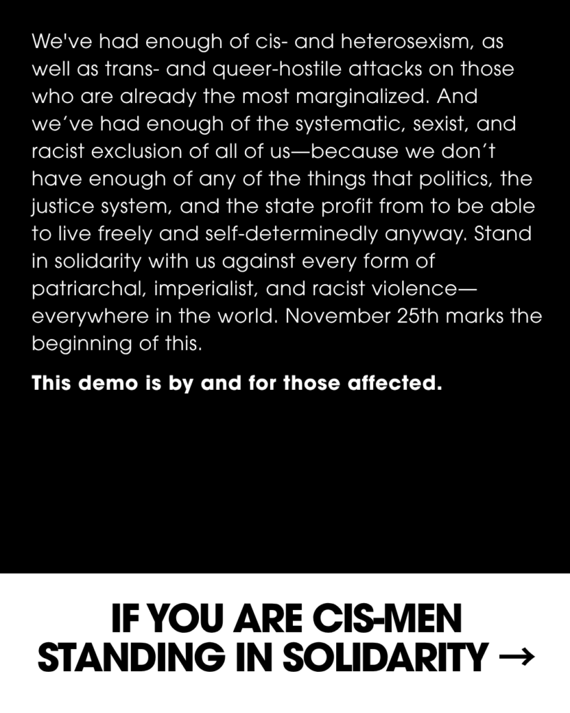 Slide Text: We've had enough of cis- and heterosexism, as well as trans- and queer-hostile attacks on those who are already the most marginalized. And we've had enough of the systematic, sexist, and racist exclusion of all of us-because we don't have enough of any of the things that politics, the justice system, and the state profit from to be able to live freely and self-determinedly anyway. Stand in solidarity with us against every form of patriarchal, imperialist, and racist violence-everywhere in the world. November 25th marks the beginning of this. This demo is by and for those affected. IF YOU ARE CIS-MEN STANDING IN SOLIDARITY (arrow pointing towards next slide)